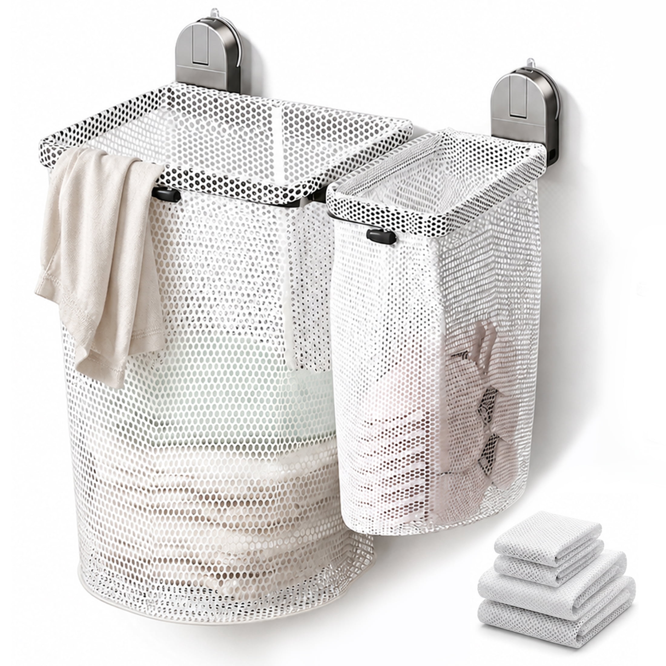 Riousery Wall Mounted Foldable Laundry Hamper, No-Drill Suction Cup Mount, 4 Removable Mesh Wash Bags