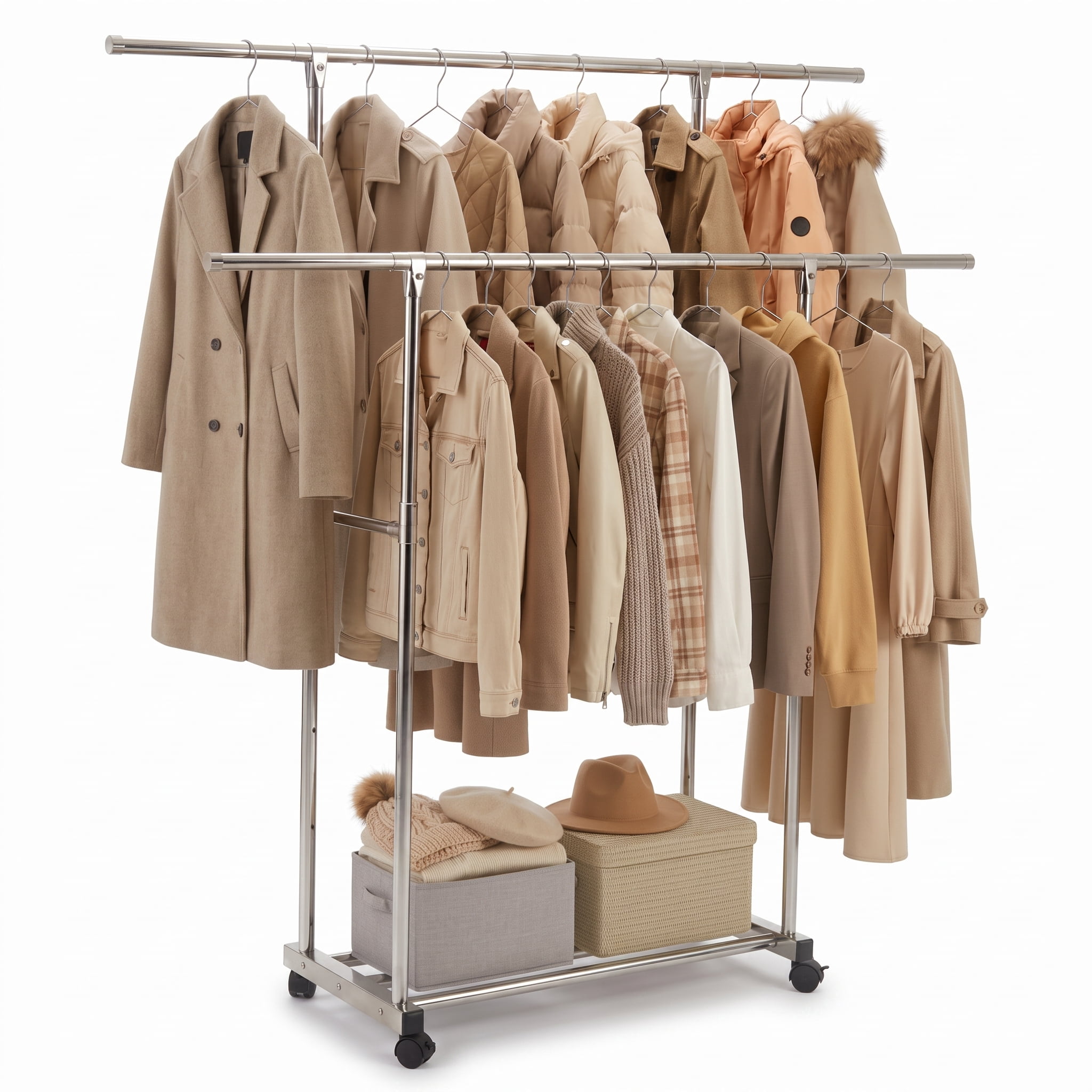 Clean Line N Rack Riousery Double Rod Clothes Rack with Wheels, Adjustable Height and ...