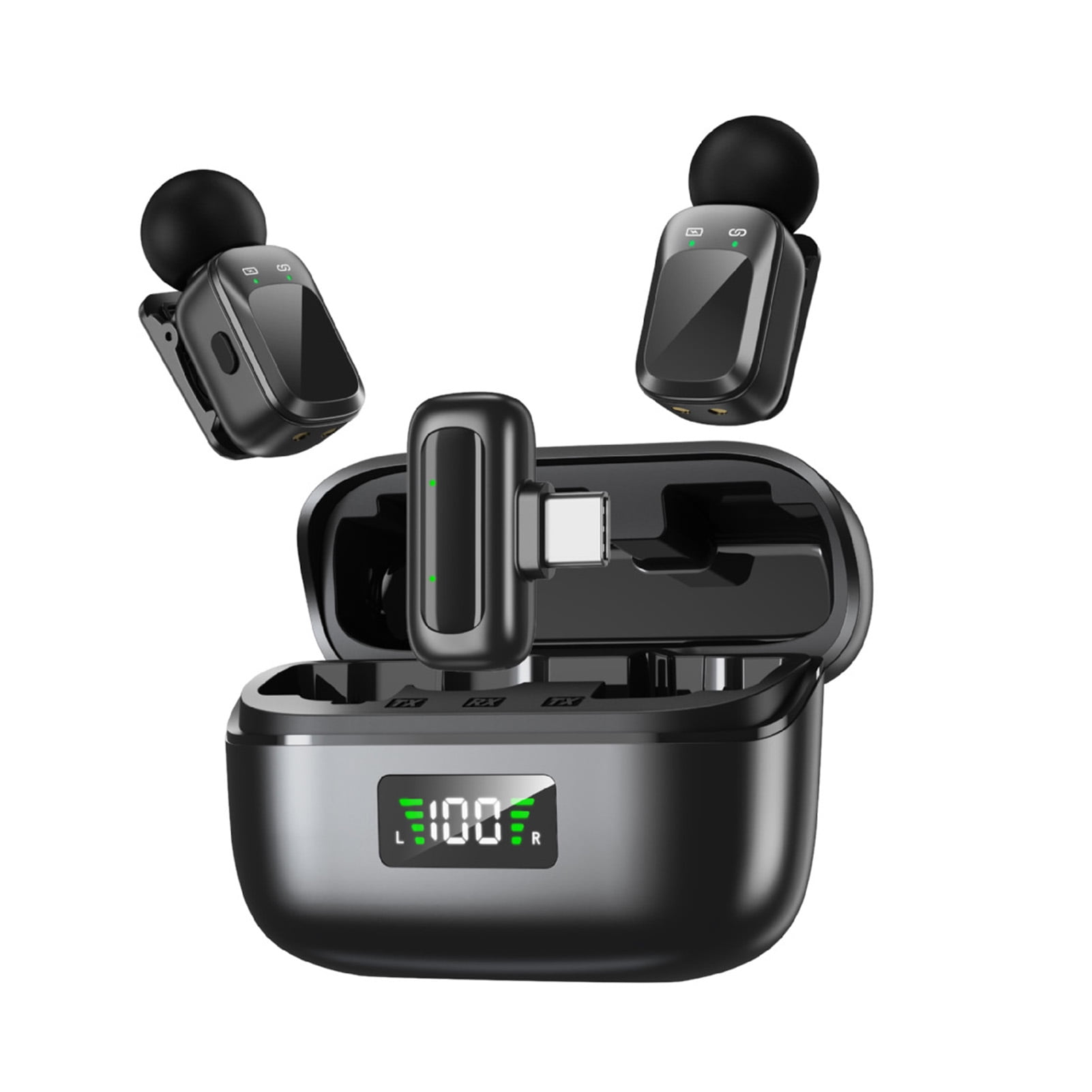 Riousery Wireless Lavalier Microphone System Noise Reduction 2.4G Transmission Plug and Play Collar Clip Mic with Charging Case for Phones Computers Cameras, Black