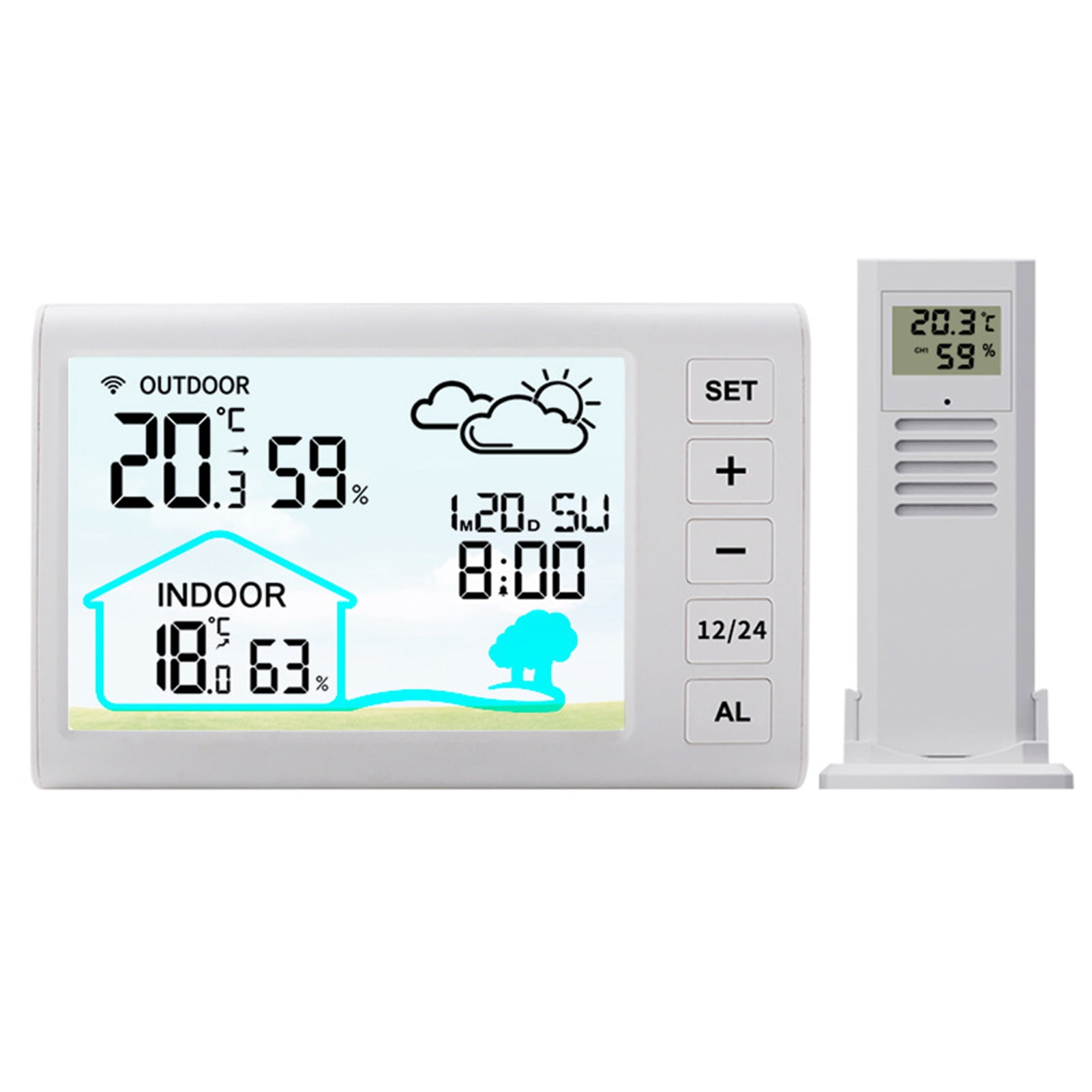 Riousery Wireless Weather Station Indoors Outdoors Temperature Humidity Display Clock Alarm with Adjustable Backlight, 5.3x3.3 inches / 13.5x8.4 cm