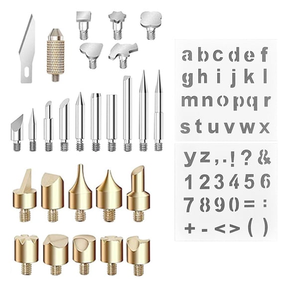Riousery Wood Burning Pyrography Kit 26Pcs Pyrography Tips Soldering Chiseled Tips Handmade Leather Carving Iron Tip with Letters Numbers Symbols Stencils, 7.87 inches / 20 cm