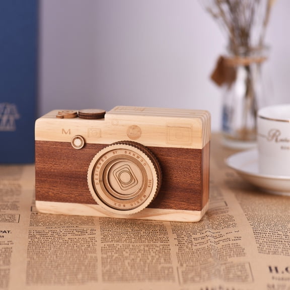 Riousery Wooden Camera Design Mechanical Hand Crank Music Box with Classical Melody, Unique Birthday and Christmas Musical Gift for Home Office Desk Decoration Crafts 4.9 inches / 12.5 cm