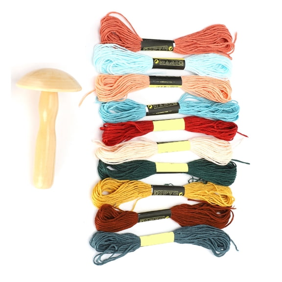 Riousery Wooden Darning Supplies Kit Mushroom Patching Threads Tool for DIY Sewing Home Travel Handicraft, Includes Wooden Handle and 10 Cotton Threads, 6.3 inches / 16 cm Length