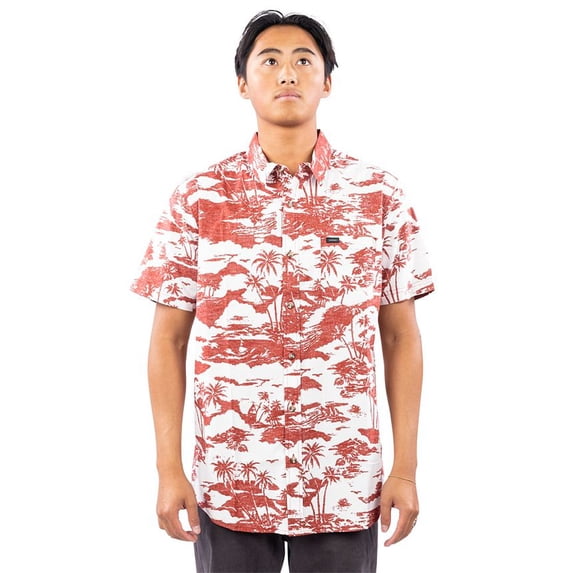 Rip Curl RED Men's Hawaii Island Time Short Sleeve Button Front Shirt, L