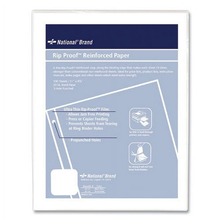 Rip Proof Reinforced Filler Paper, 3-Hole, 8.5 x 11, Unruled, 100/Pack