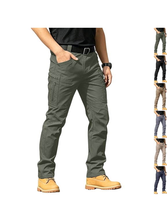 Rip Resistant Tactical Work Cargo Pants for Men Water Repellent Elastic Waist 10 Pocket Outdoor Hiking Combat Trousers No Belt ,S,Army Green