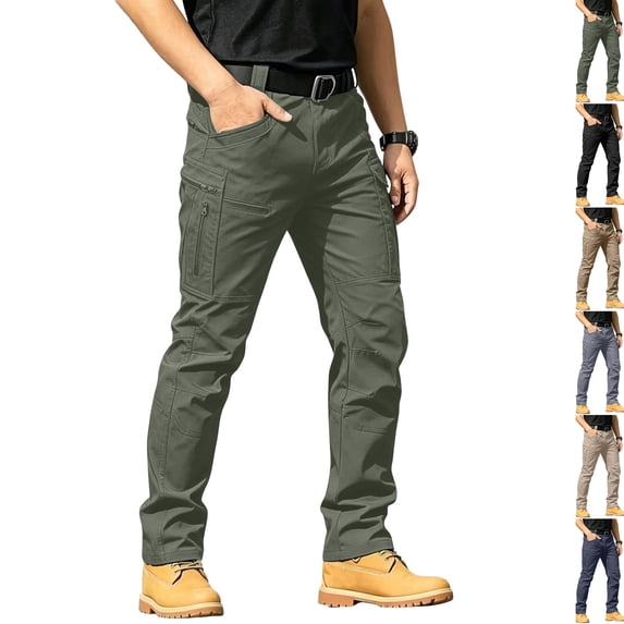 Rip Resistant Tactical Work Cargo Pants for Men Water Repellent Elastic Waist 10 Pocket Outdoor Hiking Combat Trousers No Belt ,S,Army Green