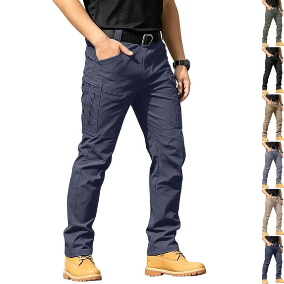 Rip Resistant Tactical Work Cargo Pants for Men Water Repellent Elastic Waist 10 Pocket Outdoor Hiking Combat Trousers No Belt ,S,Navy