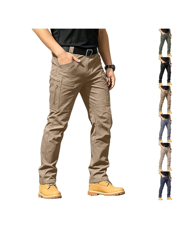 Rip Resistant Tactical Work Cargo Pants for Men Water Repellent Elastic Waist 10 Pocket Outdoor Hiking Combat Trousers No Belt ,XL,Earthy Yellow