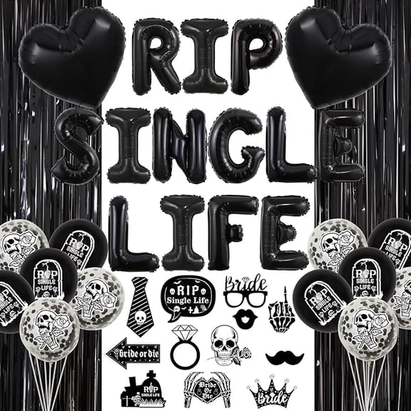 Rip Single Life Decorations, Gothic Hen Party Decorations - Gothic Photo Booth Props, Rip Single Life Balloons Banner, Black Foil Curtain, Goth Tomb Skull Print Balloons for Gothic Bachelorette Party