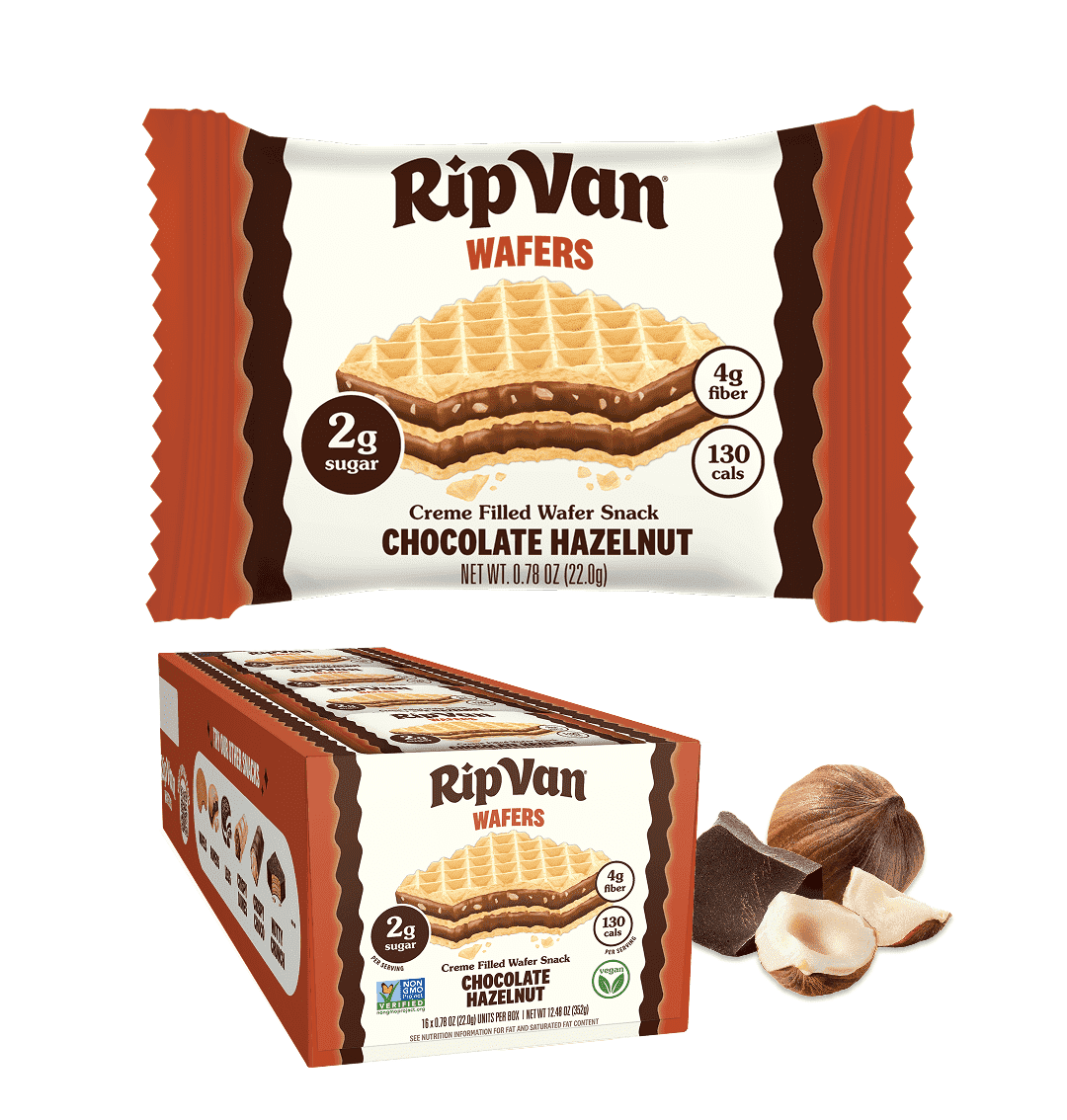 Rip Van Chocolate Hazelnut Wafer Cookies, Non-GMO, 2g Sugar, 16 Count