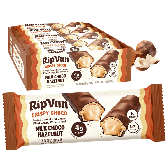 Rip Van Crispy Choco Hazelnut Candy Bars - Low Sugar Fudge and Hazelut Cream Filled Snack - 12 Pack