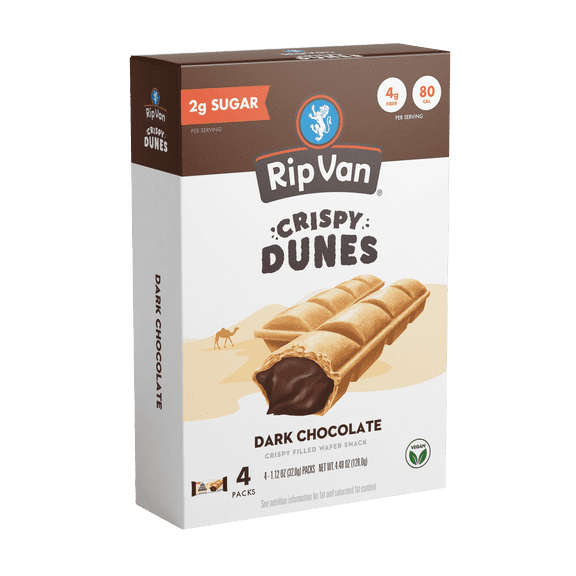 Rip Van Crispy Dunes Dark Chocolate Wafer Sticks, Non-GMO, Prebiotic Fiber, 90 Calories, 4 Pack