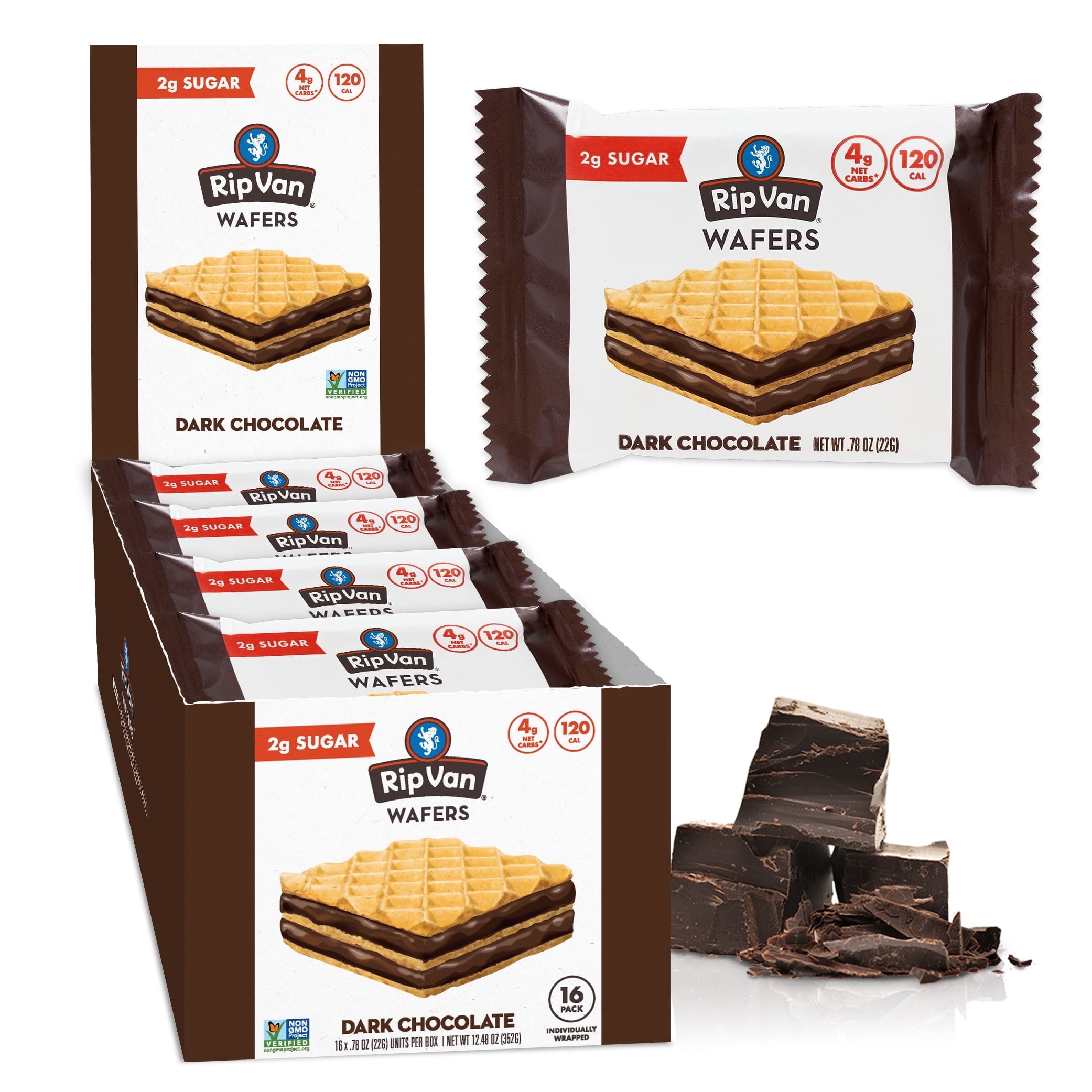 Rip Van Dark Chocolate Wafer Cookies – Keto Friendly, Non-GMO, Low Sugar Baked Snacks, 16 Count
