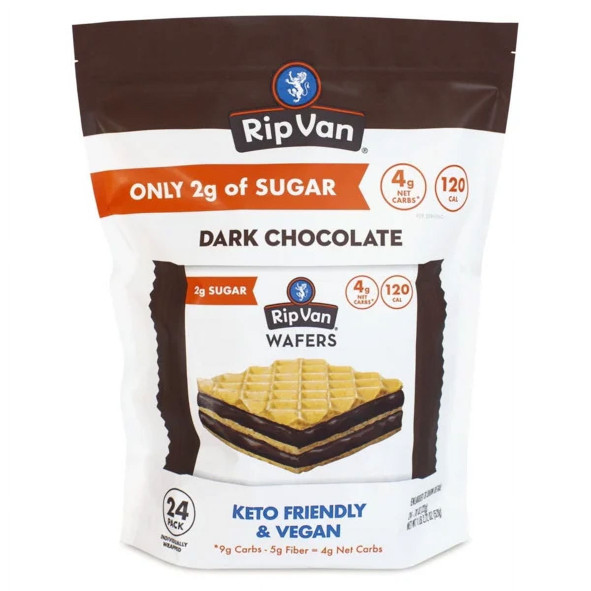Rip Van Dark Chocolate Wafer Cookies - Healthy Snacks - Non GMO, Keto, Low Carb, Low Sugar (2g), Low Calorie and Vegan - 24 Count
