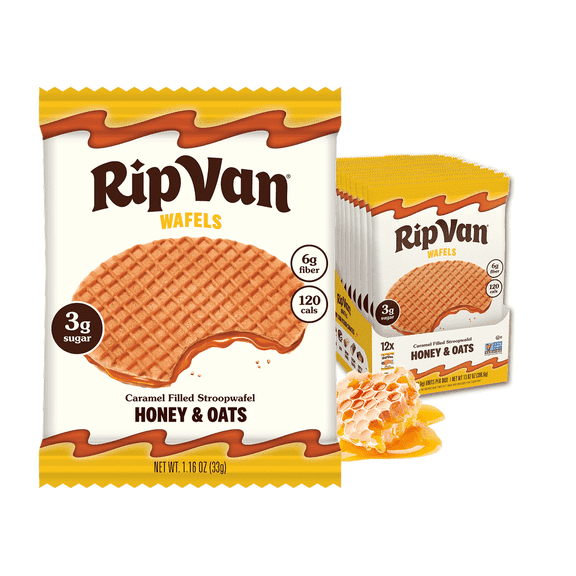 Rip Van Honey & Oats Stroopwafels Cookies, Chewy Snack, Non-GMO, Low Sugar (3g), 12 Pack