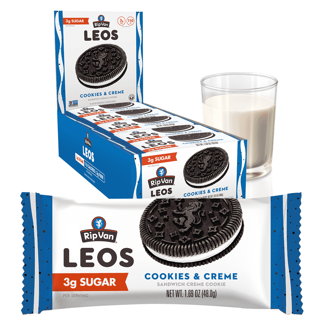 Rip Van LEOs  Baked Cookies & Cream Sandwich Cookies, 2g Sugar, Low Carb, 10 Packs 40 cookies (1.69oz Each)