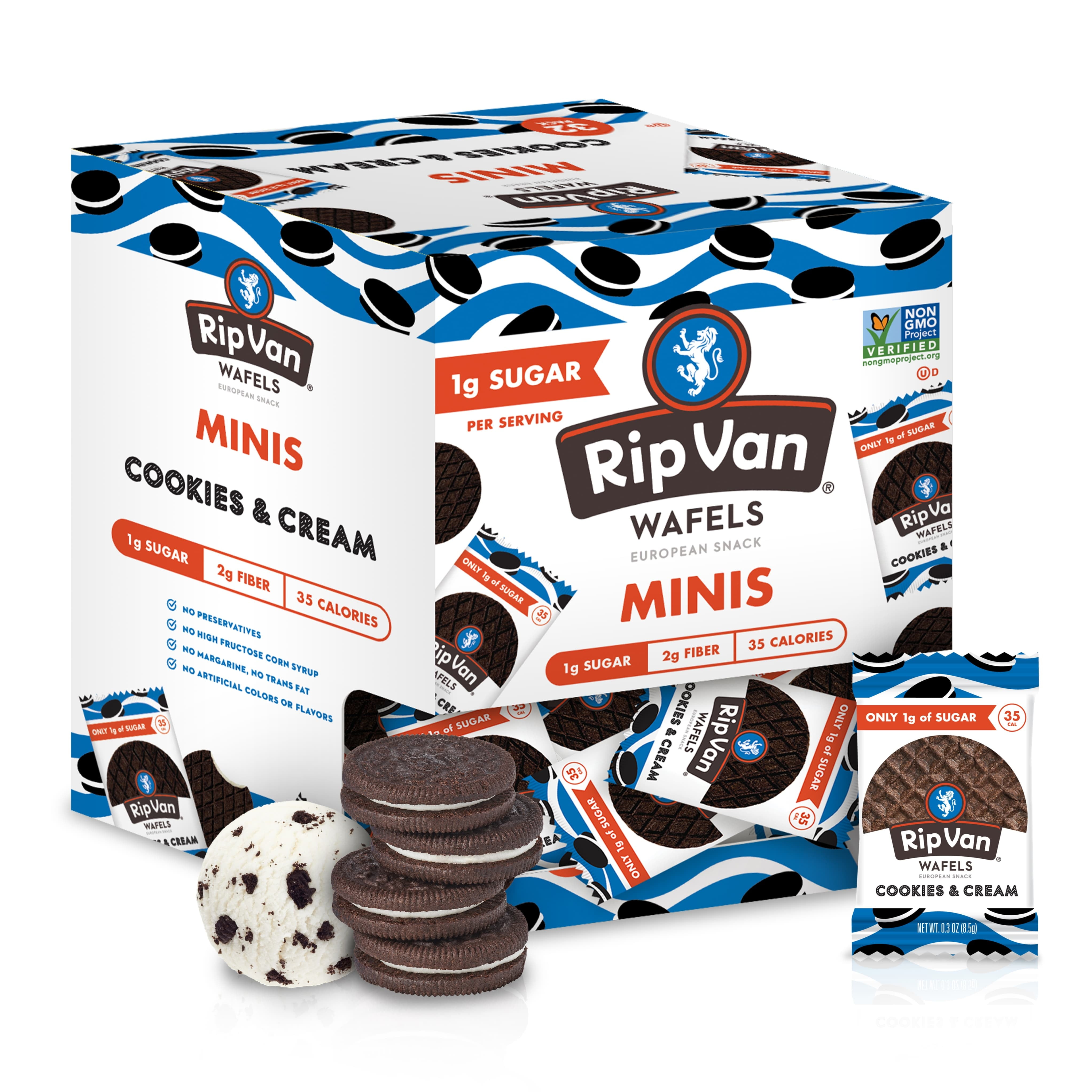 Rip Van Mini Wafels Cookies & Cream, Low Carb ,Baked , Non-GMO, Low Sugar (1g), Keto, 32 Pack