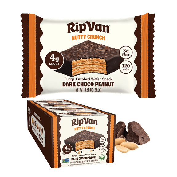 Rip Van Crispy Dark Chocolate Peanut Butter Wafers, Vegan, Low Sugar, 16 Pack