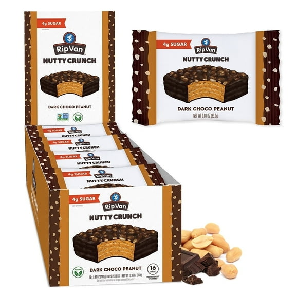 Rip Van Nutty Crunch Dark Chocolate Peanut Butter Wafers - Low Sugar Baked Snacks - 16 pack