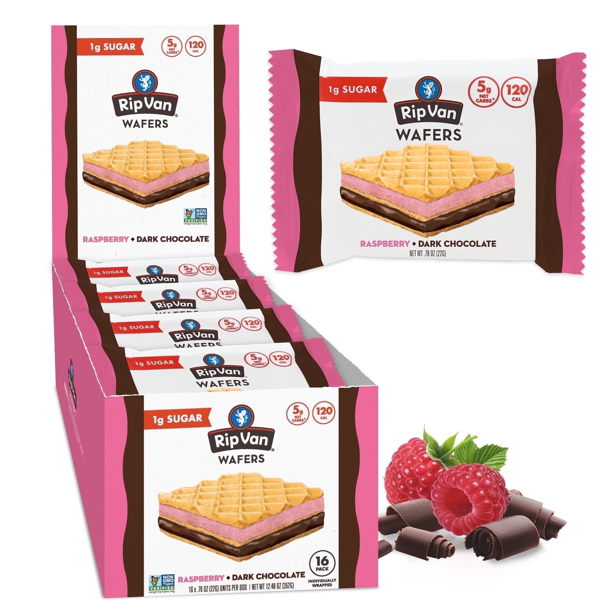 Rip Van Raspberry & Dark Chocolate Wafer Cookies  Non-GMO, Keto,  Vegan,  Low Sugar Baked Snacks 16 Count