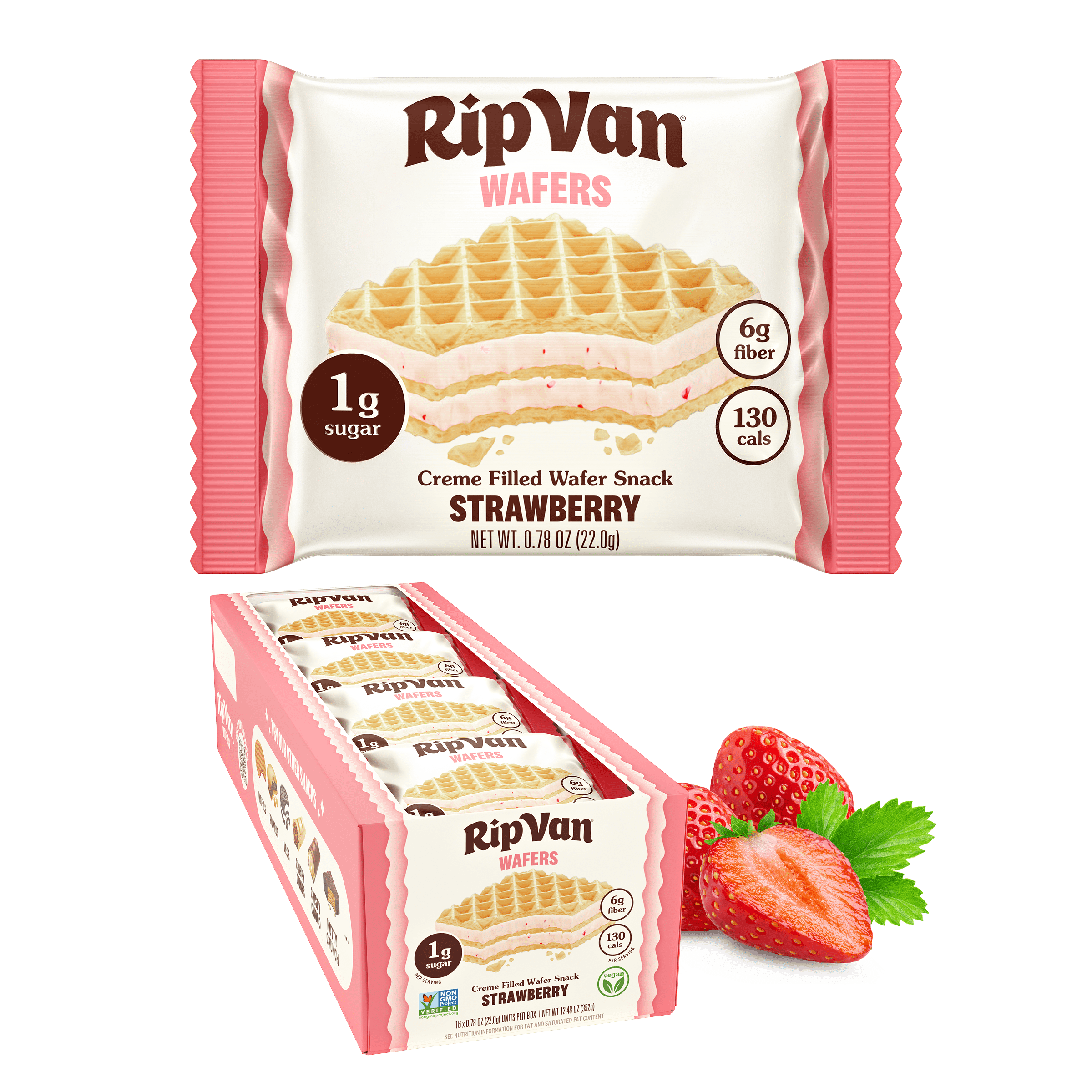 Rip Van Strawberry Keto Wafer Cookies, Vegan Snack, Non-GMO, Low Sugar, 16 Count