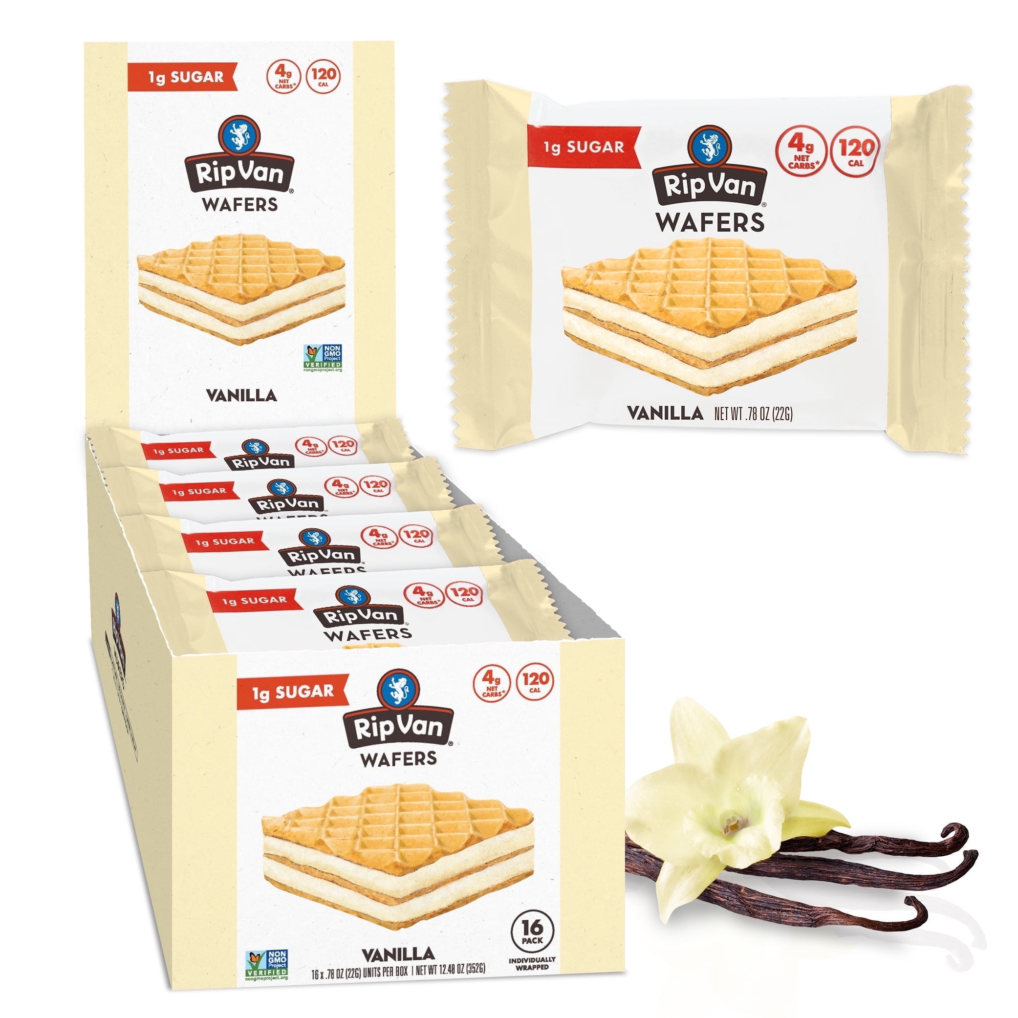 Rip Van Vanilla Keto Wafer Cookies  Non-GMO, Vegan, Low-Sugar (2g), Low-Carb, Baked Snack, 16 Count