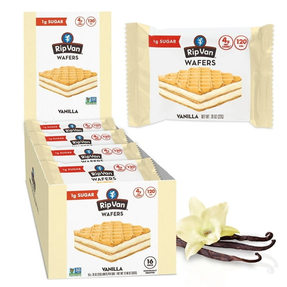 Rip Van Vanilla Keto Wafer Cookies, Non-GMO, Vegan, Low-Sugar (2g), Low-Carb, Baked Snack, 16 Count