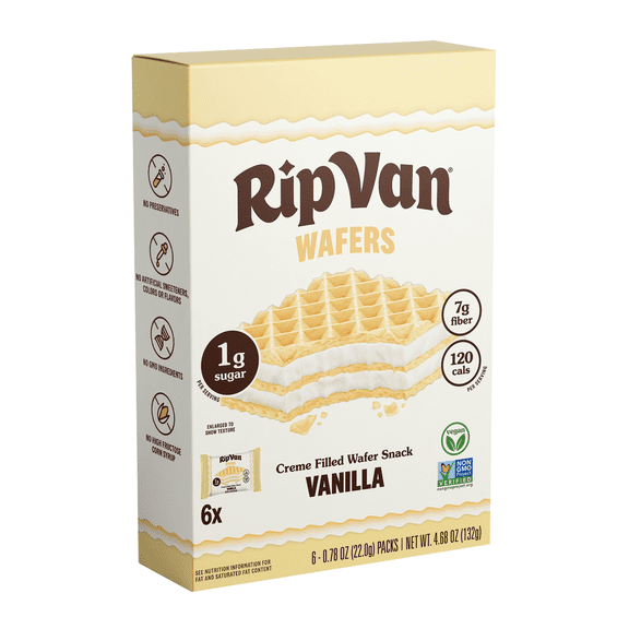 Rip Van Vanilla Keto Wafer Cookies, Non-GMO, Vegan, Low-Sugar (2g), Low-Carb, Baked Snack, 6 Count