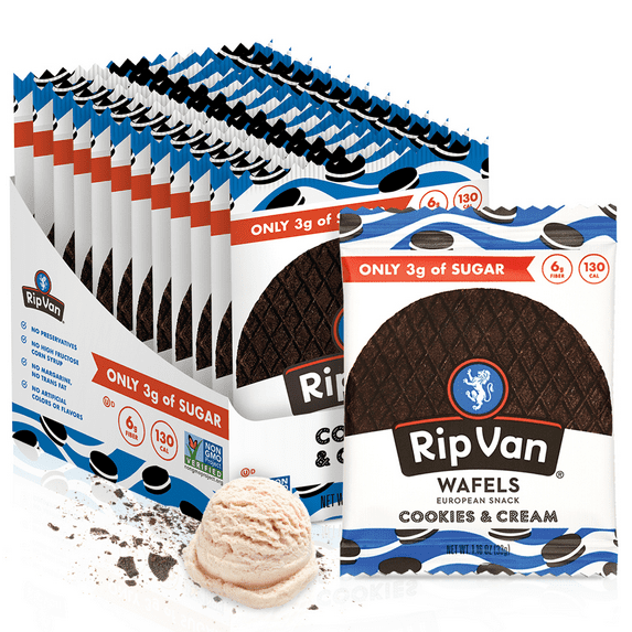 Rip Van Wafels Cookies & Cream Stroopwafels, Low Sugar, Baked, Keto, Non-GMO, 12 Pack