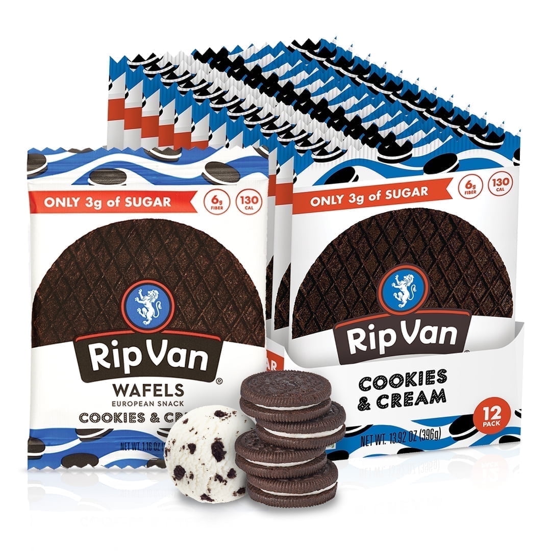 Rip Van Wafels Cookies & Cream Stroopwafels  Low Sugar ,Baked , Keto, Non-GMO, 12 Pack