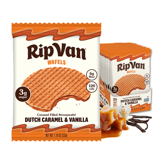 Rip Van Dutch Caramel & Vanilla Stroopwafels, Non-GMO, Low Sugar (3g), 12 Count