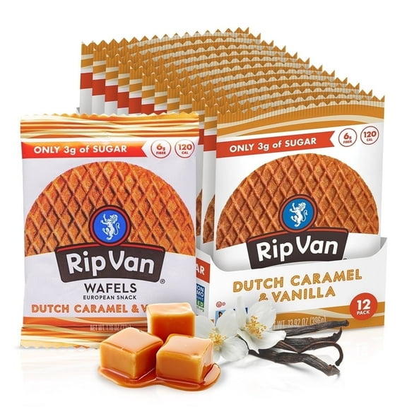 Rip Van Wafels Dutch Caramel & Vanilla Stroopwafels, Baked Snack, Non-GMO, Low Sugar (3g), 12 Count
