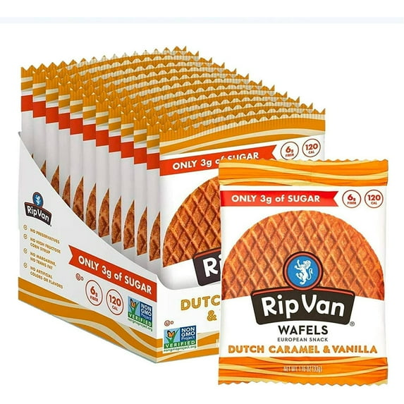 Rip Van WAFELS Dutch Caramel & Vanilla Stroopwafels - Healthy Snacks - Non GMO Snack - Keto Friendly - Office Snacks - Low Sugar (3g) - Low Calorie Snack - 12 Count (Packaging May Vary)