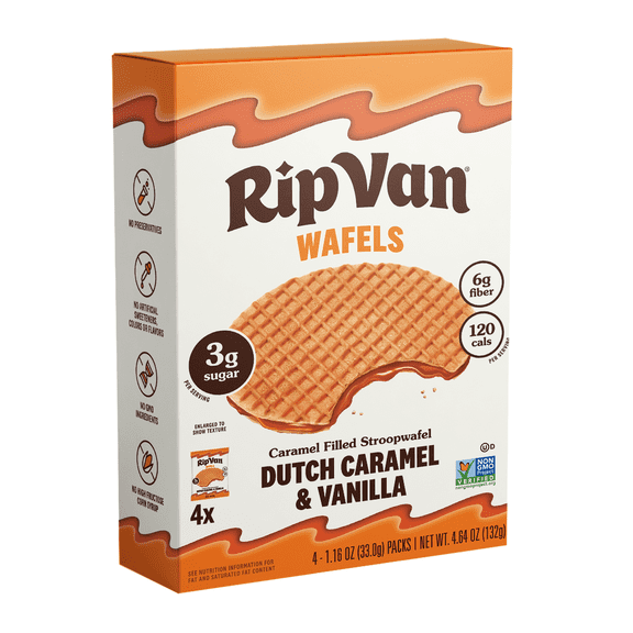 Rip Van Wafels Dutch Caramel & Vanilla Stroopwafels - Healthy Snacks - Non-GMO Snack - Keto Friendly - Office Snacks - Low Sugar (3g) - Low-Calorie Snack - 4 Count