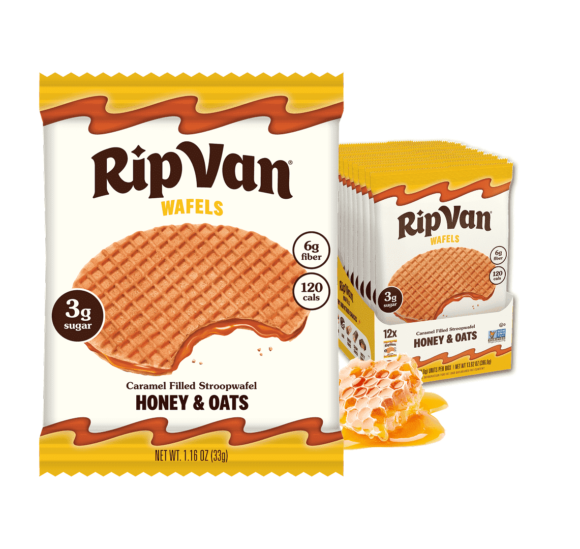 Rip Van Honey & Oats Stroopwafels Cookies, Chewy Snack, Non-GMO, Low Sugar (3g), 12 Pack