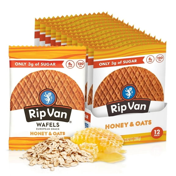 Rip Van Wafels Honey & Oats Stroopwafels Cookies – Baked Snacks, Non-GMO, Low Sugar (3g), 12 Pack