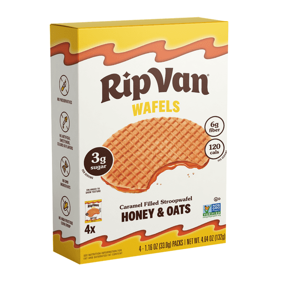 Rip Van Wafels Honey & Oats Stroopwafels Cookies Baked Snacks, Non-GMO, Low Sugar (3g), 4 pack