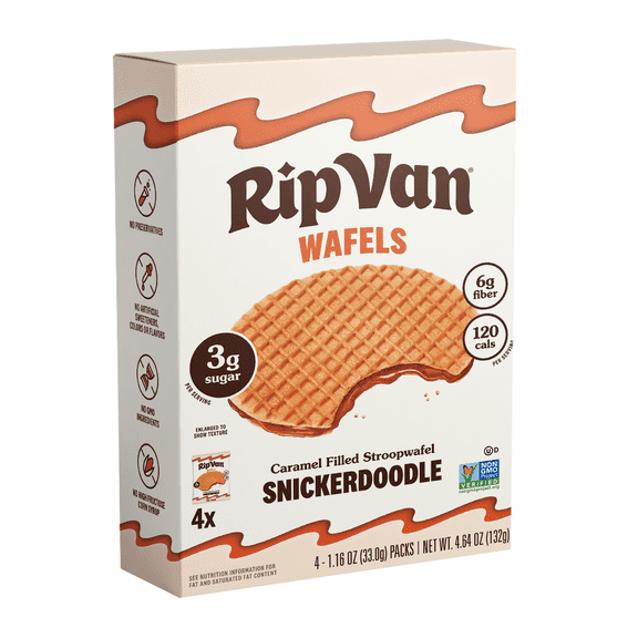Rip Van Wafels Snickerdoodle Stroopwafel, Non-GMO, Low Sugar (3g), Low Calorie, Baked Snack, 4 Pack