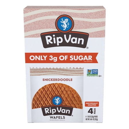 Rip Van Wafels Snickerdoodle Stroopwafel, Non-GMO, Low Sugar (3g), Low Calorie, Baked Snack, 4 Pack