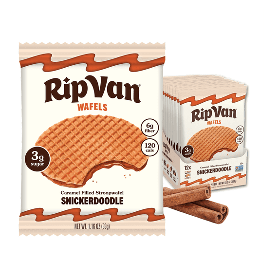 Rip Van Wafels Snickerdoodle Stroopwafel, Non-GMO, Low Sugar (3g), Low Calorie, Baked Snack, 12 Pack
