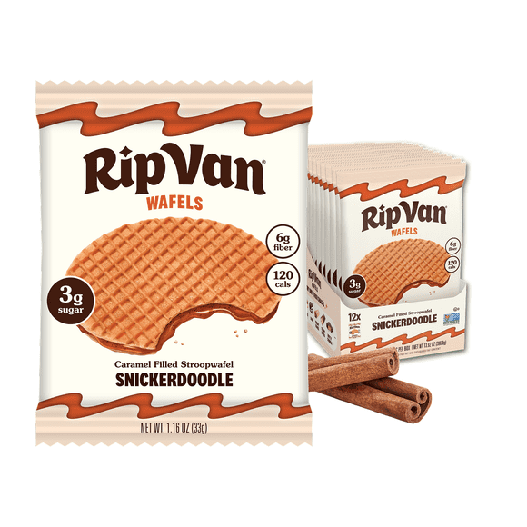 Rip Van Wafels Snickerdoodle Stroopwafel, Non-GMO, Low Sugar (3g), Low Calorie, Baked Snack, 12 Pack