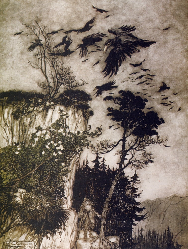 Rip Van Winkle 1905 Flock of idle crows Canvas Art - A Rackham (24 x 36)