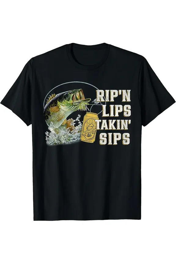 Rip'n Lips Talking Sips Funny Fishing T-Shirt - Men's Black Short Sleeve T-Shirt - Small - Fishing T-Shirts