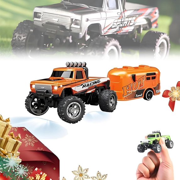 RipRush Mini Monster 1:64 Off-Road LED Alloy Racer – Rip Rush Compact Remote Control Truck with LED Lights, 2.4GHz Racing System, for Ages 14+ Hobbyists and Collectors(Orange*Towed Vehicle)