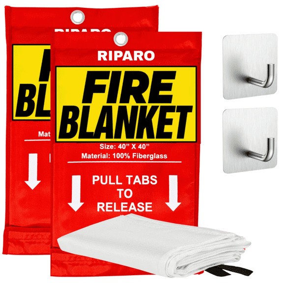 Riparo Emergency Fire Blanket for Home and Kitchen - Fire Suppression Blankets for Home, Kitchen, BBQ, and Car 40” x 40” - Made from Flame Retardant Fiberglass - 2 Pack