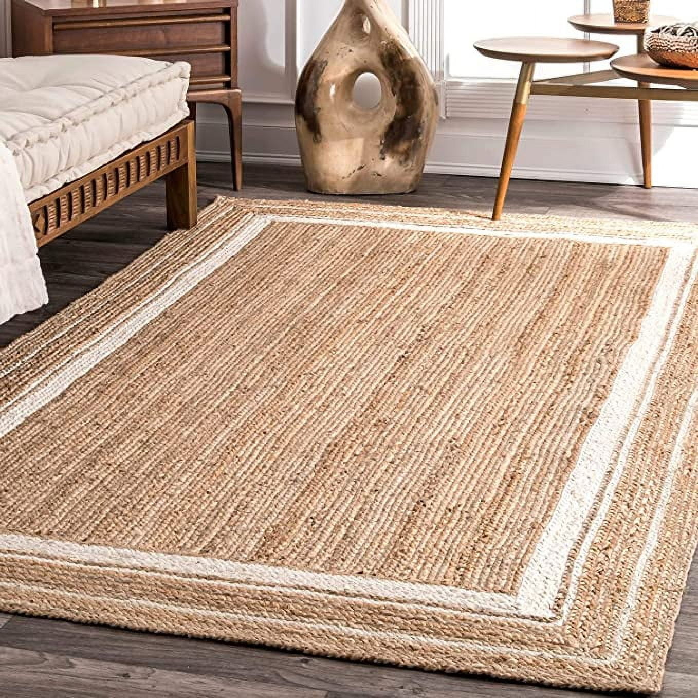 Ripaz Vogue Jute Rug Hand Woven Rectangle Beige + White Border Living Room Area Rug (2X12 Ft)