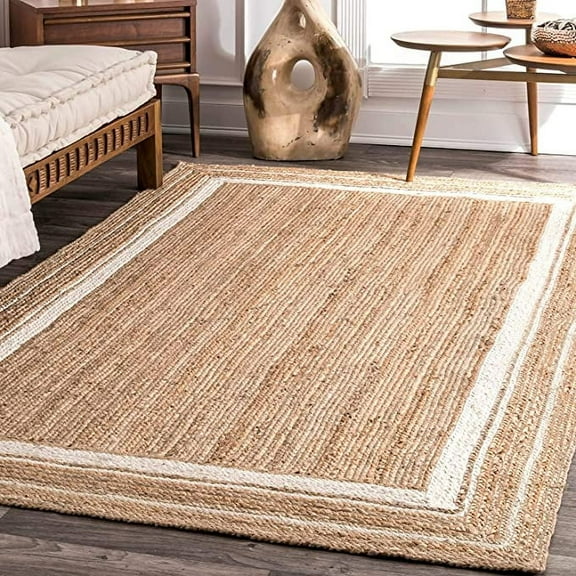 Ripaz Vogue Jute Rug Hand Woven Rectangle Beige + White Border Living Room Area Rug (3x8 Ft)