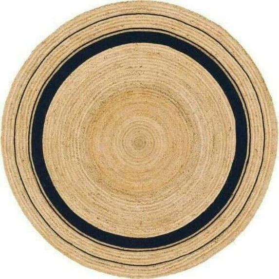Ripaz Vogue Jute Rug Hand Woven Round Beige + Black Border Living Room Area Rug, Farmhouse Rug (5 Ft Diameter)