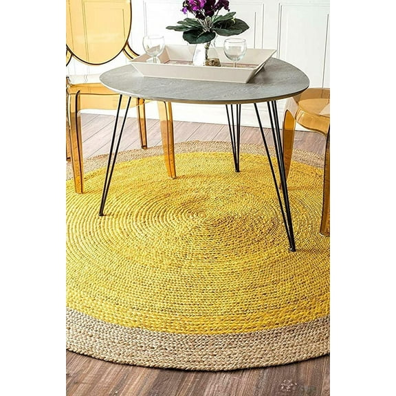 Ripaz Vogue Jute Rug Round Hand Braided Yellow with Beige Circle Area Rug (5x5 Feet Round)